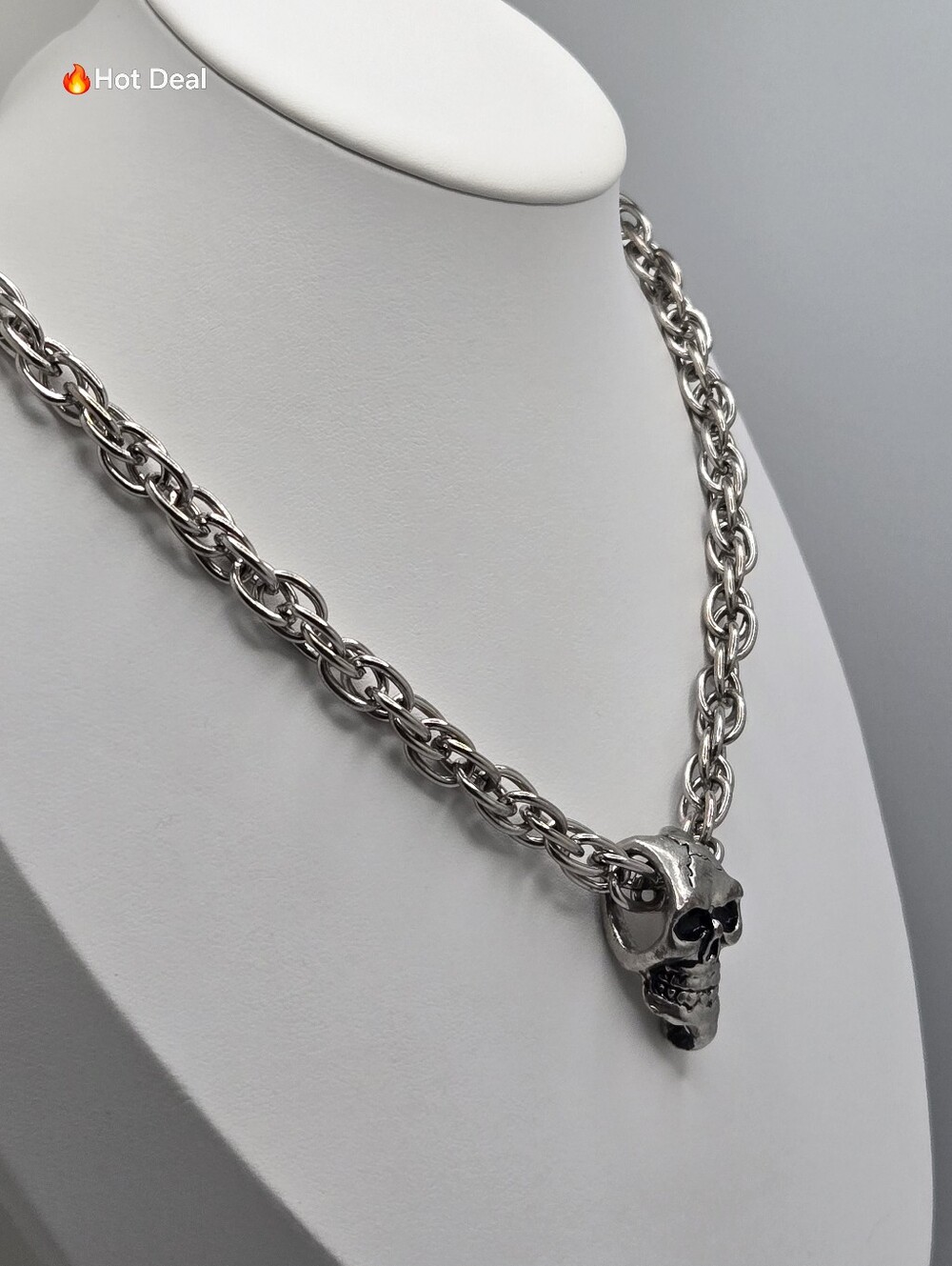 Gothic Skull Pendant Necklace Heavy Silver Tone Chain Punk Biker 29" - Picture 4 of 8